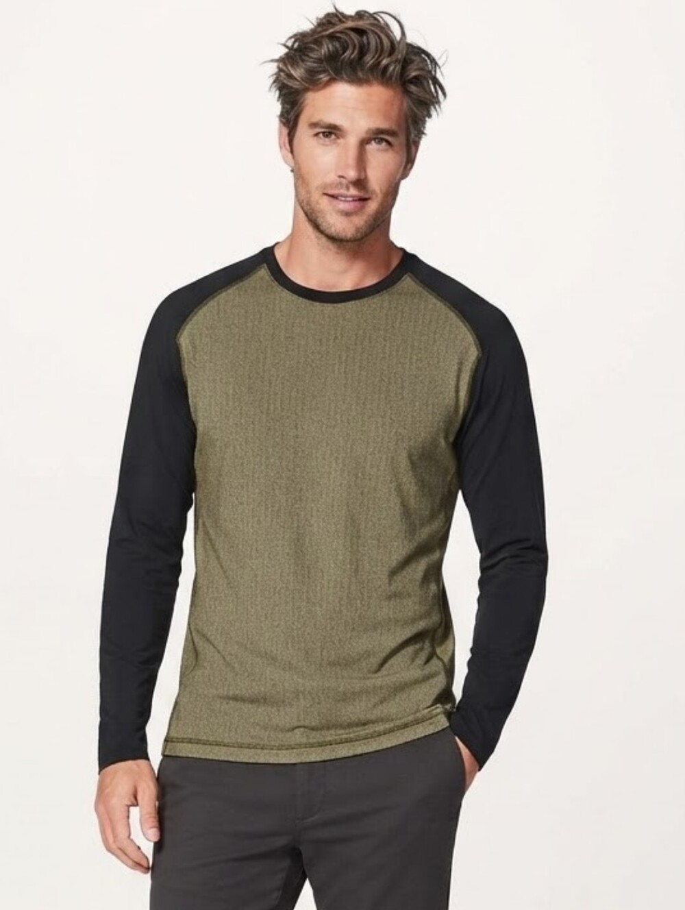 Lululemon Surge Warm Crew Long Sleeve Shirt Olive Tan Herringbone Black Large